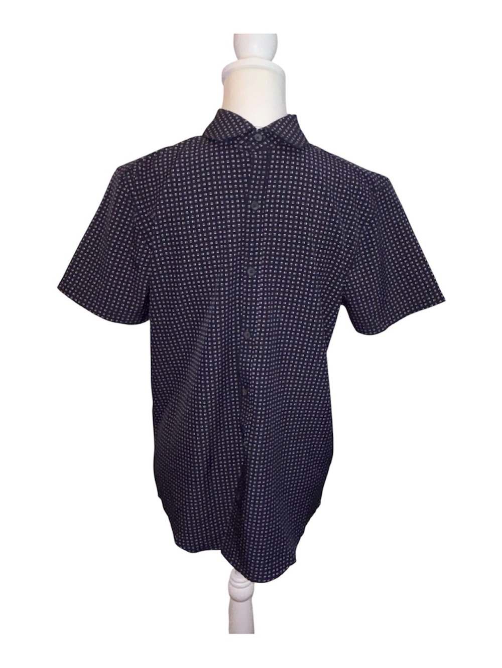 Men's Short-Sleeve Navy Button-Down Shirt with Micro Dot Print size S